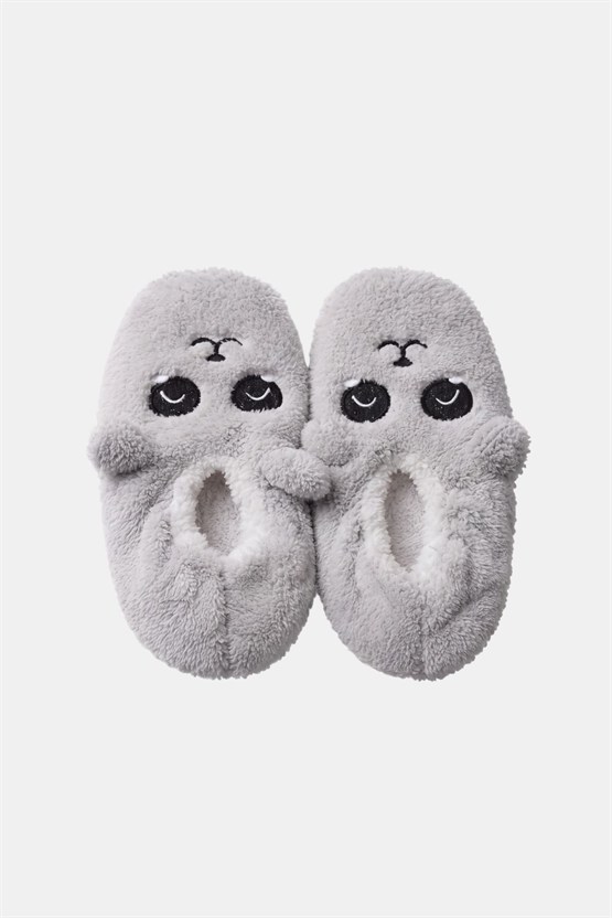 Mısırlı Kadın Panda Figürlü Panduf Açık Gri