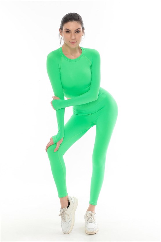Mısırlı Kadın Uzun Kollu Spor Tayt Takımı Neon Yeşili