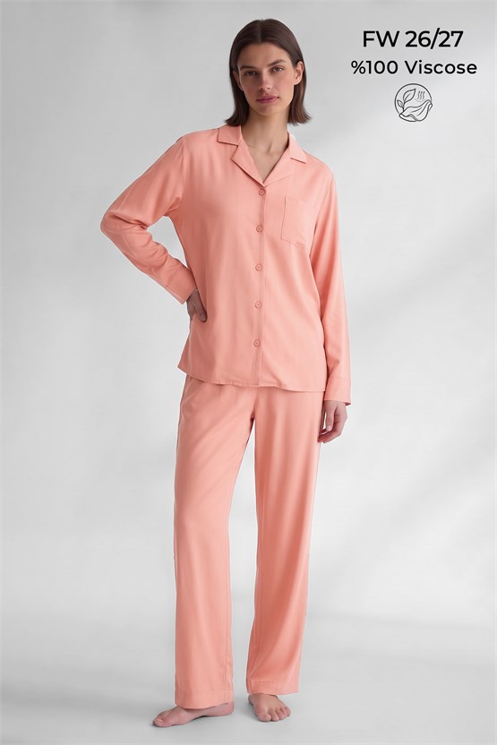 Mısırlı Kadın Viskon Cepli Pijama Takım Somon