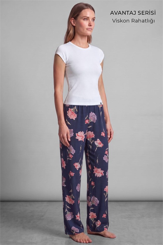 Mısırlı Kadın Viskon Çiçekli Alt Pijama Açık Lacivert