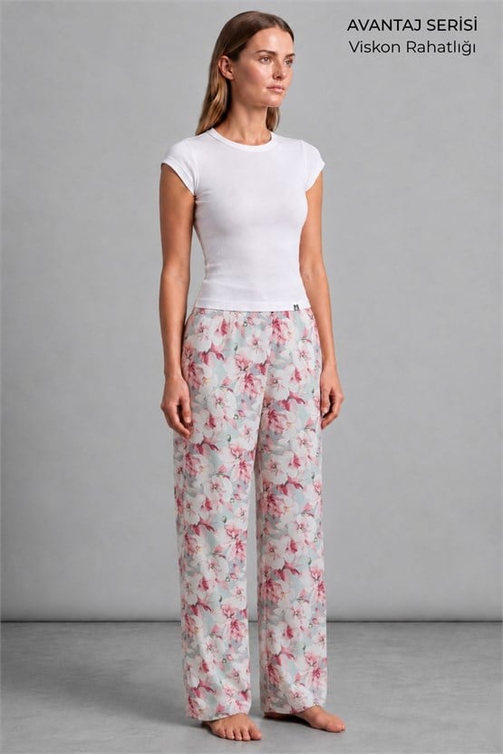 Mısırlı Kadın Viskon Çiçekli Alt Pijama Açık Pembe