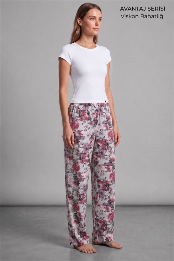 Mısırlı Kadın Viskon Çiçekli Alt Pijama Su Yeşili
