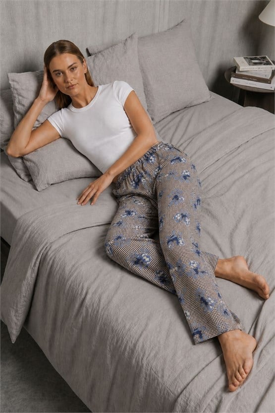 Mısırlı Kadın Viskon Çiçekli Alt Pijama Bej/Lacivert