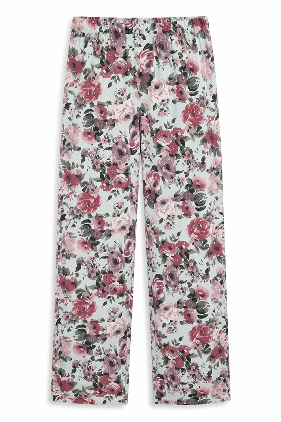 Mısırlı Kadın Viskon Çiçekli Alt Pijama Su Yeşili