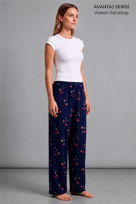 Mısırlı Kadın Viskon Çiçekli Alt Pijama Lacivert
