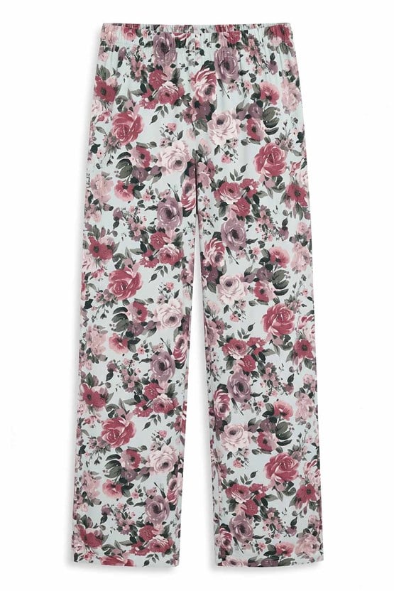 Mısırlı Kadın Viskon Çiçekli Alt Pijama Su Yeşili