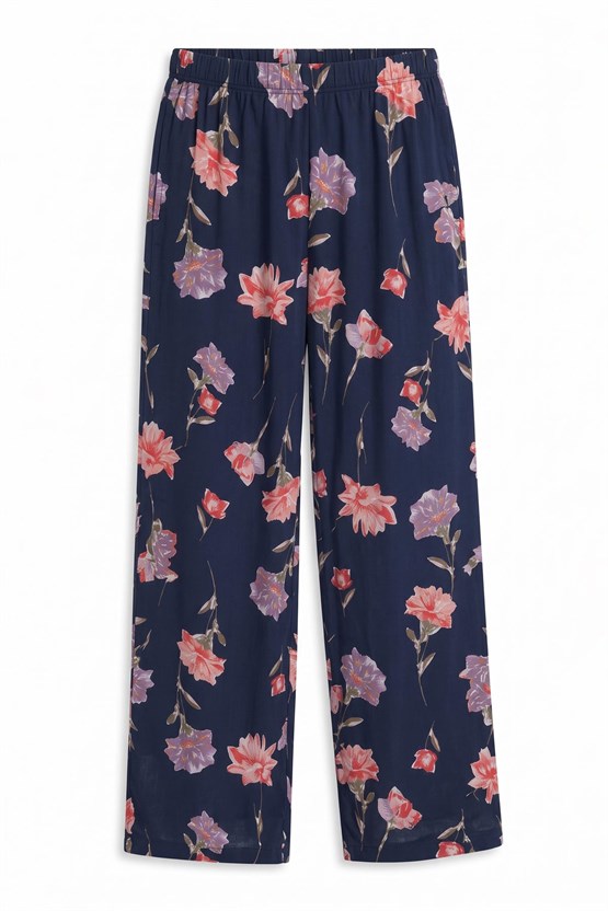 Mısırlı Kadın Viskon Çiçekli Alt Pijama Açık Lacivert