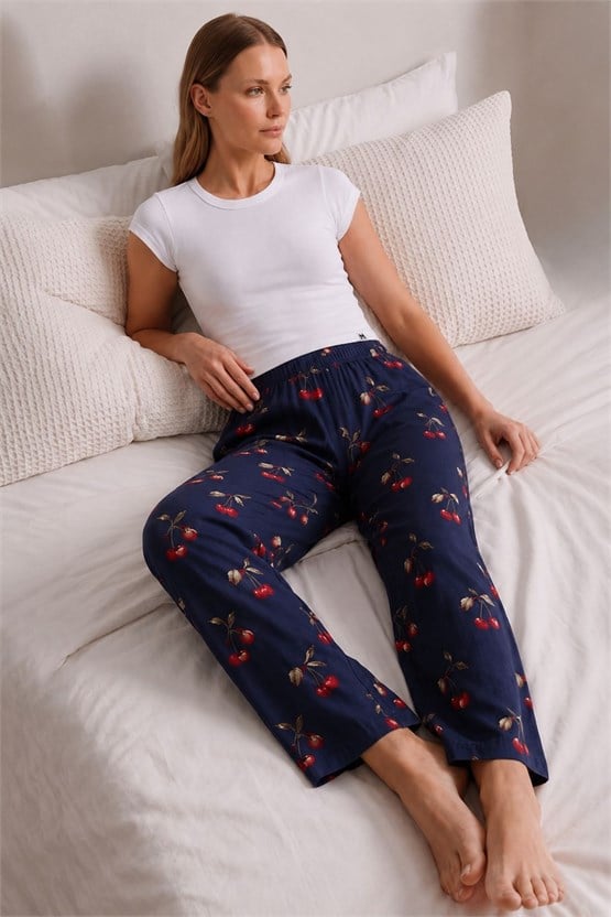 Mısırlı Kadın Viskon Çiçekli Alt Pijama Lacivert