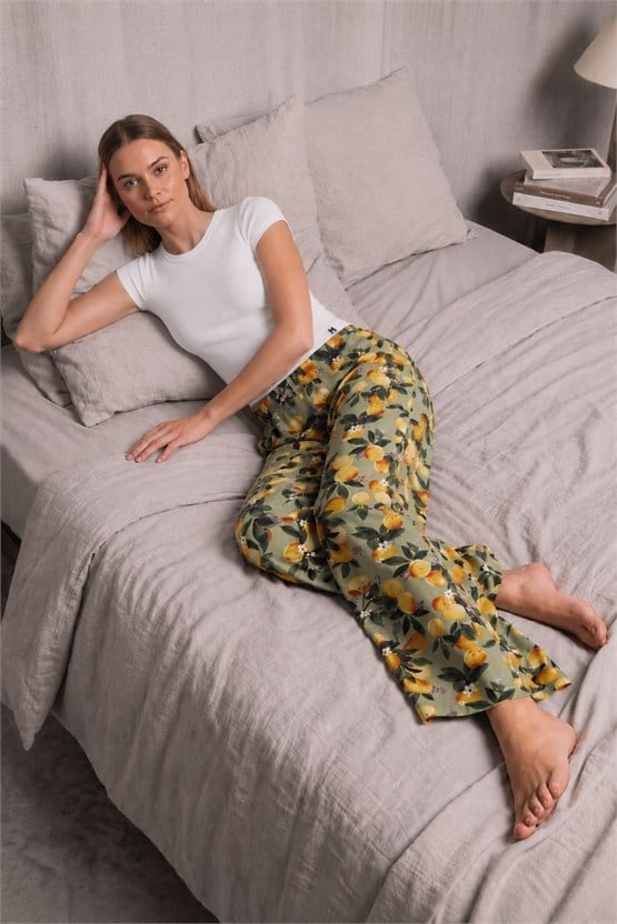 Mısırlı Kadın Viskon Çiçekli Alt Pijama Yeşil