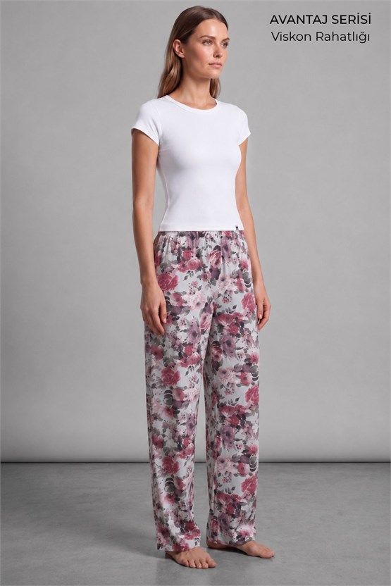 Mısırlı Kadın Viskon Çiçekli Alt Pijama Su Yeşili