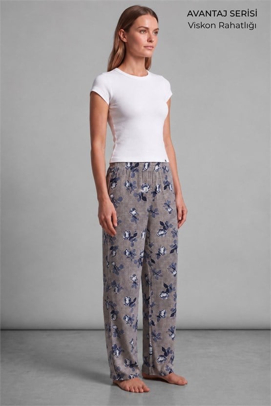 Mısırlı Kadın Viskon Çiçekli Alt Pijama Bej/Lacivert