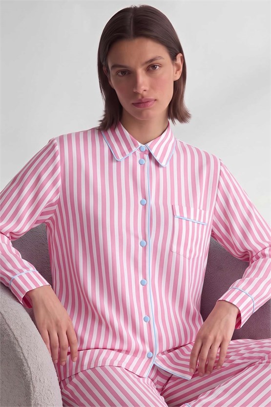 Mısırlı Kadın Viskon Çizgili Garni Detayli Pijama Takım Açık Pembe