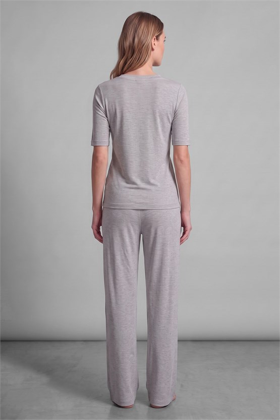 Mısırlı Kadın Viskon Kaşkorse Kısa Kol Pijama Takım Gri Melanj