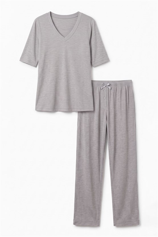 Mısırlı Kadın Viskon Kaşkorse Kısa Kol Pijama Takım Gri Melanj