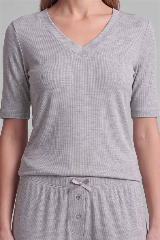 Mısırlı Kadın Viskon Kaşkorse Kısa Kol Pijama Takım Gri Melanj