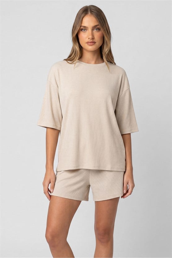 Mısırlı Kadın Oversize T-shirt Şort Takım Tereyağ Sarı