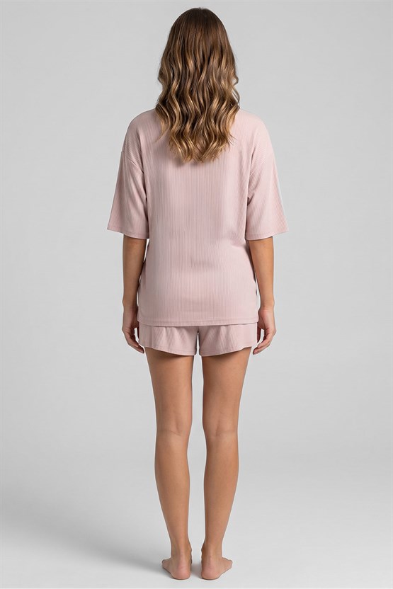 Mısırlı Kadın Oversize T-shirt Şort Takım Toz Pembe