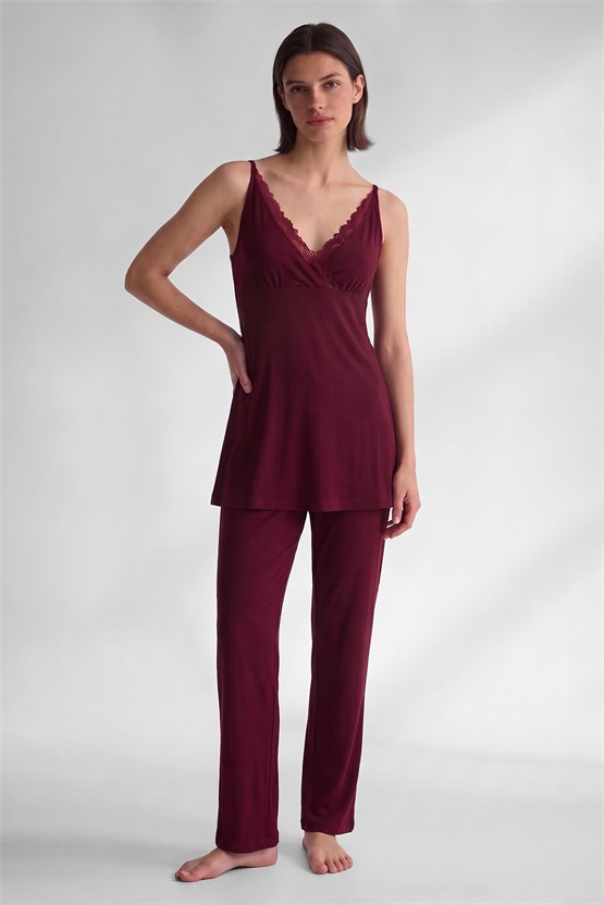 Mısırlı Kadın Viskon Üçlü Set Pijama Takım Bordo