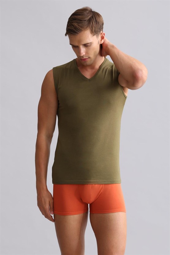 Mısırlı Modal by TENCEL HERCULES Slim Fit V Yaka Sporcu Atlet / T-Shirt Koyu Haki