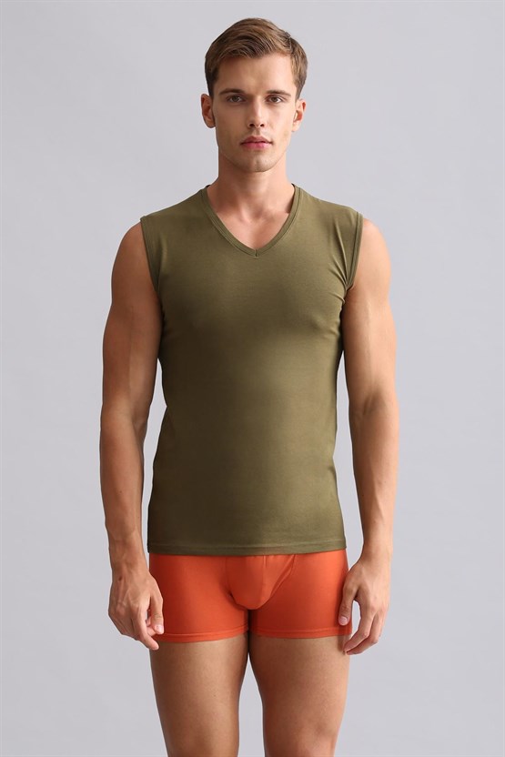 Mısırlı Modal by TENCEL HERCULES Slim Fit V Yaka Sporcu Atlet / T-Shirt Koyu Haki