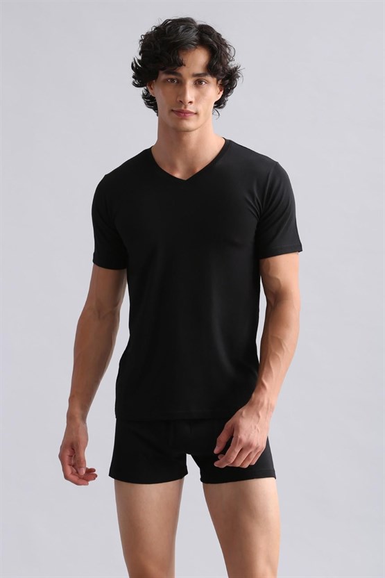 Mısırlı Modal by TENCEL HERCULES Slim Fit V Yaka Fanila / T-Shirt Siyah
