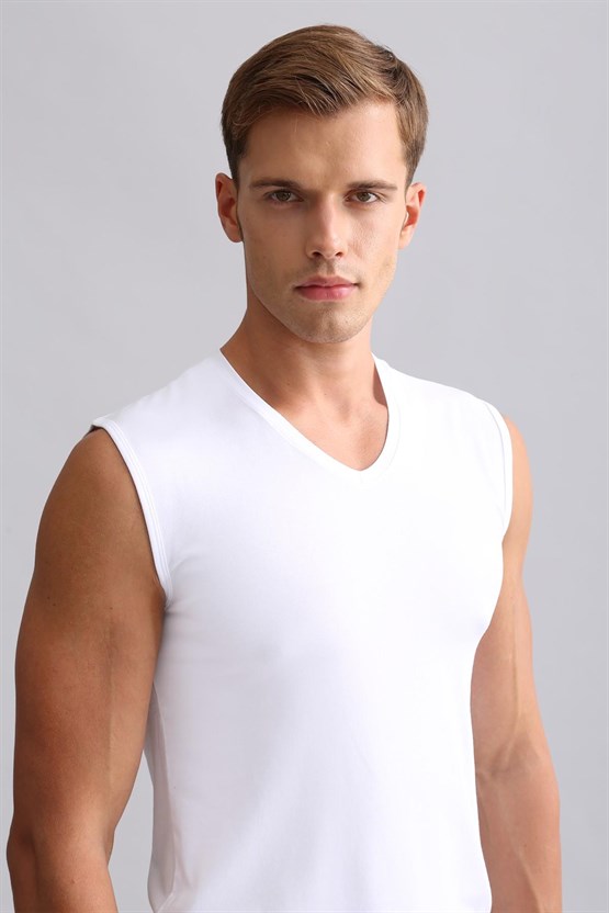 Mısırlı Modal by TENCEL HERCULES Slim Fit V Yaka Sporcu Atlet / T-Shirt Beyaz