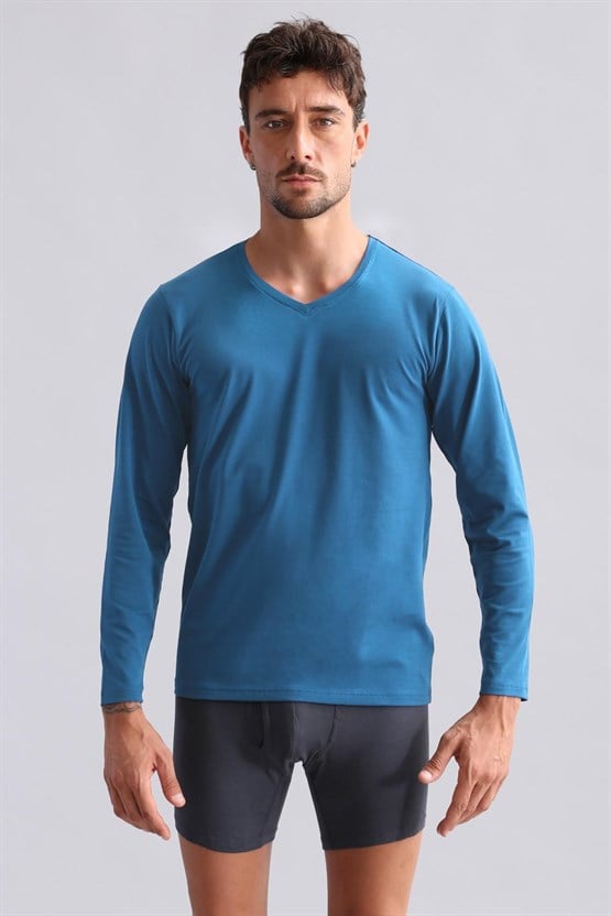 Mısırlı Modal by TENCEL HERCULES Slim Fit V Yaka Uzun Kollu Fanila / T-Shirt Petrol Mavi