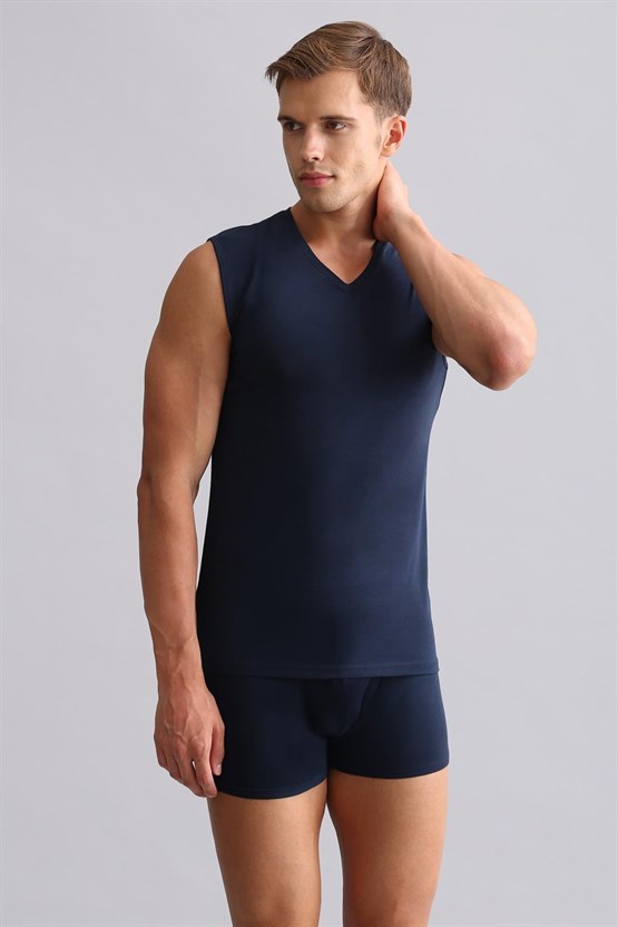 Mısırlı Modal by TENCEL HERCULES Slim Fit V Yaka Sporcu Atlet / T-Shirt Lacivert