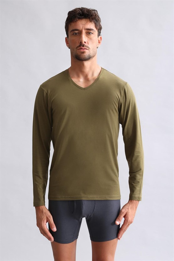 Mısırlı Modal by TENCEL HERCULES Slim Fit V Yaka Uzun Kollu Fanila / T-Shirt Koyu Haki