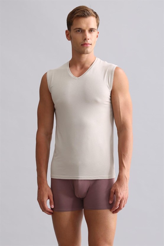Mısırlı Modal by TENCEL HERCULES Slim Fit V Yaka Sporcu Atlet / T-Shirt Toprak Bej