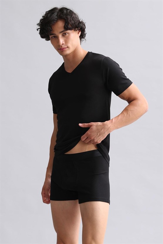 Mısırlı Modal by TENCEL HERCULES Slim Fit V Yaka Fanila / T-Shirt Siyah