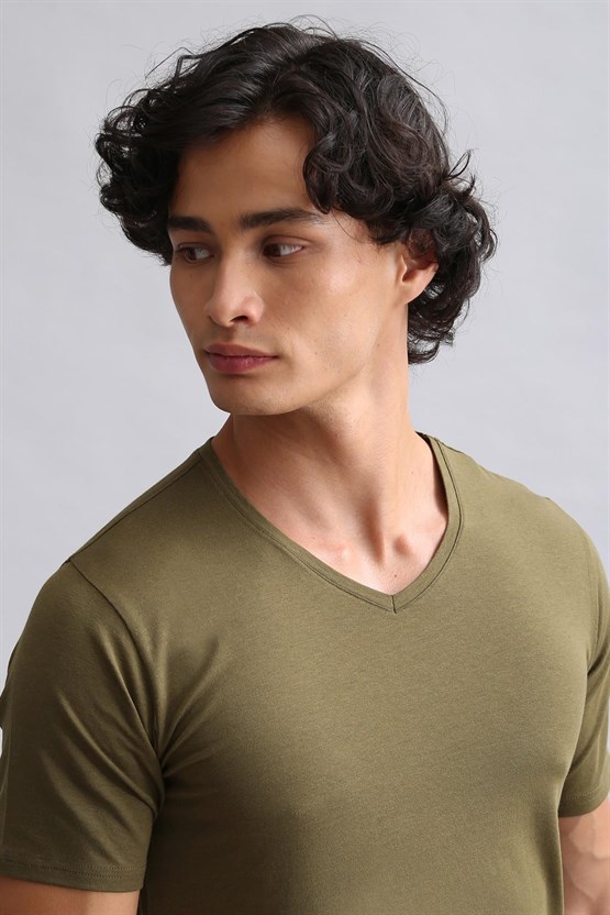 Mısırlı Modal by TENCEL HERCULES Slim Fit V Yaka Fanila / T-Shirt Koyu Haki