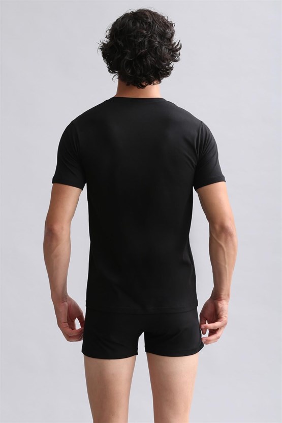 Mısırlı Modal by TENCEL HERCULES Slim Fit V Yaka Fanila / T-Shirt Siyah