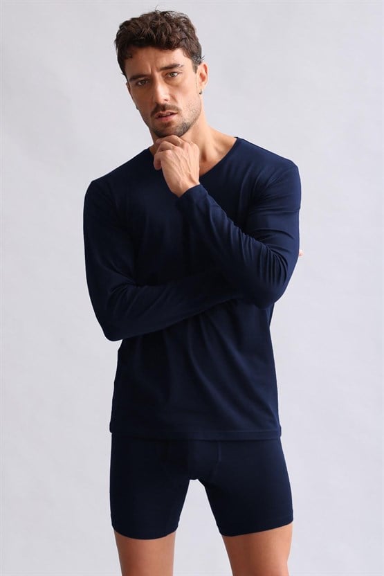 Mısırlı Modal by TENCEL HERCULES Slim Fit V Yaka Uzun Kollu Fanila / T-Shirt Lacivert