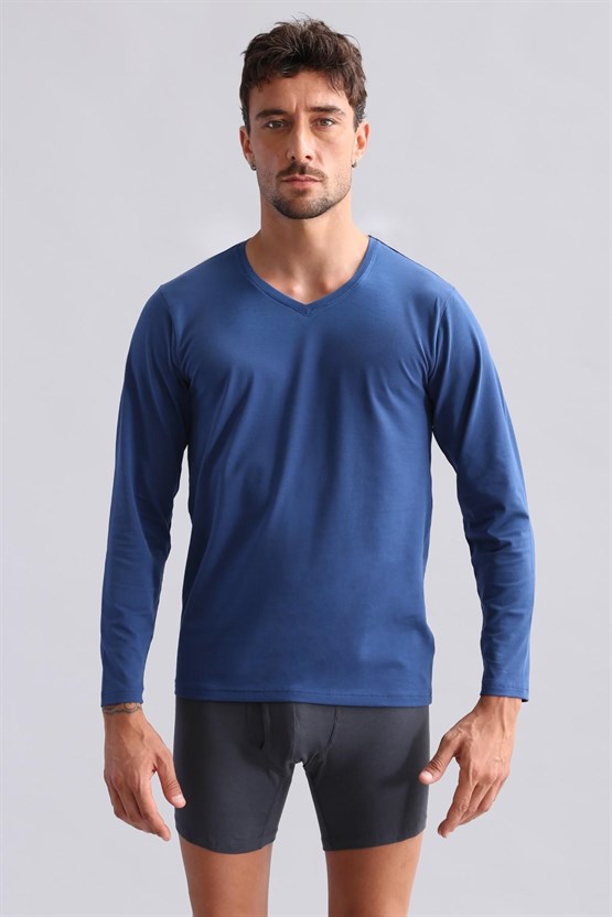 Mısırlı Modal by TENCEL HERCULES Slim Fit V Yaka Uzun Kollu Fanila / T-Shirt Gece Mavisi
