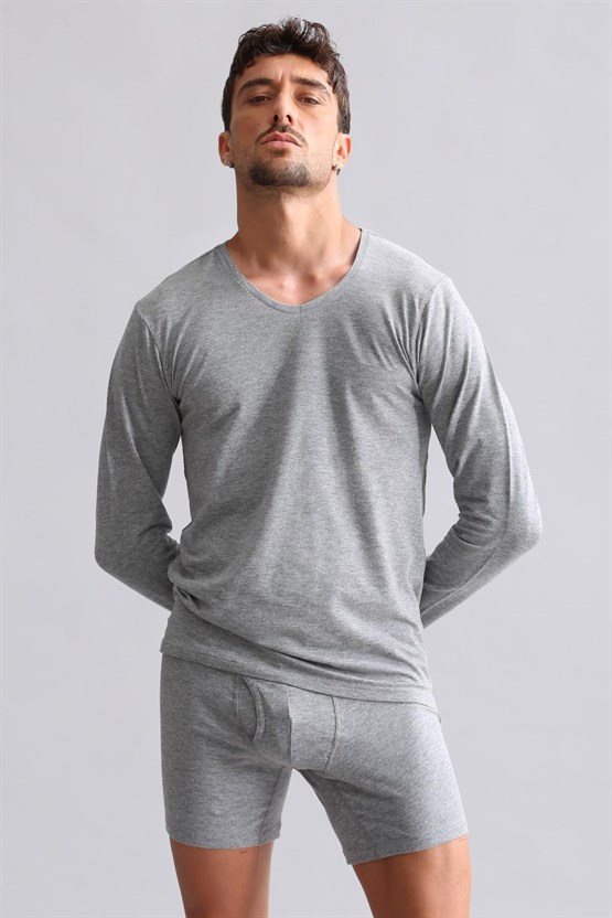 Mısırlı Modal by TENCEL HERCULES Slim Fit V Yaka Uzun Kollu Fanila / T-Shirt Gri Melanj