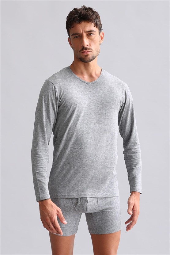 Mısırlı Modal by TENCEL HERCULES Slim Fit V Yaka Uzun Kollu Fanila / T-Shirt Gri Melanj
