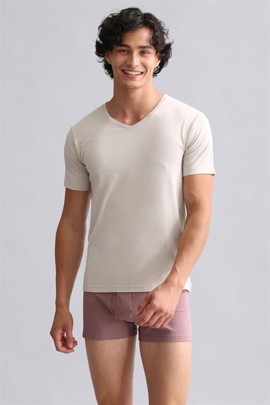 Mısırlı Modal by TENCEL HERCULES Slim Fit V Yaka Fanila / T-Shirt Toprak Bej