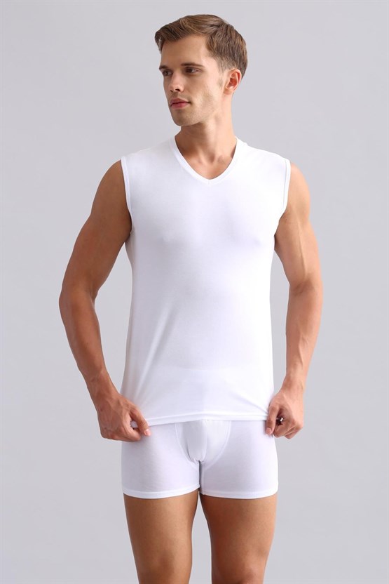 Mısırlı Modal by TENCEL HERCULES Slim Fit V Yaka Sporcu Atlet / T-Shirt Beyaz
