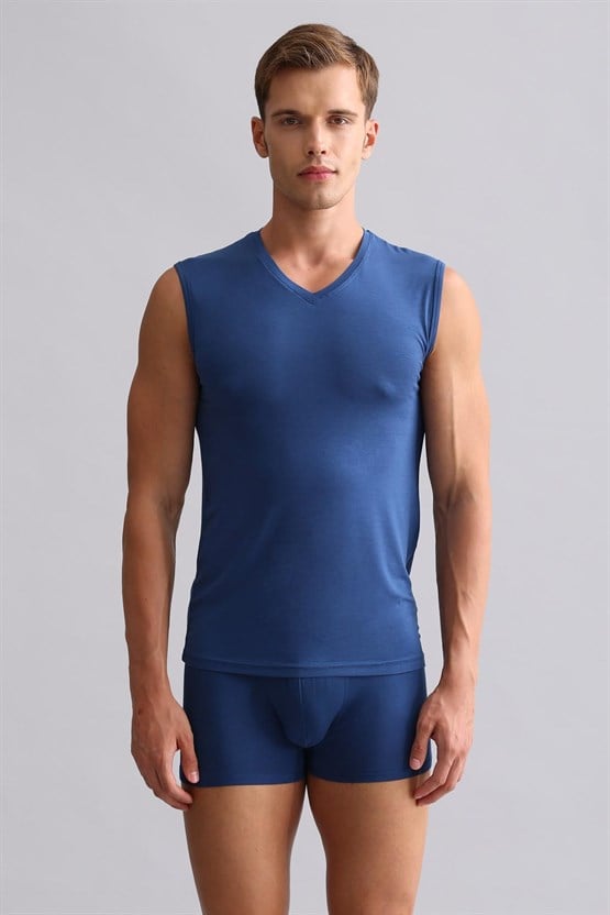 Mısırlı Modal by TENCEL HERCULES Slim Fit V Yaka Sporcu Atlet / T-Shirt Gece Mavisi