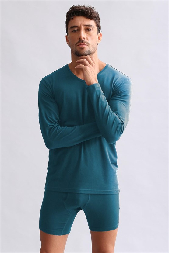 Mısırlı Modal by TENCEL HERCULES Slim Fit V Yaka Uzun Kollu Fanila / T-Shirt Fit Green