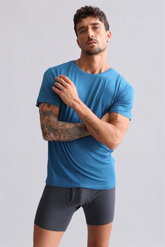 Mısırlı Modal by TENCEL HERCULES Slim Fit Bisiklet Yaka Fanila / T-Shirt Petrol