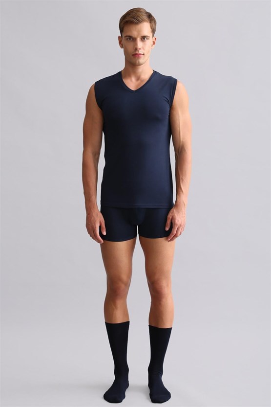 Mısırlı Modal by TENCEL HERCULES Slim Fit V Yaka Sporcu Atlet / T-Shirt Lacivert