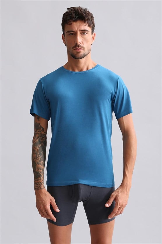 Mısırlı Modal by TENCEL HERCULES Slim Fit Bisiklet Yaka Fanila / T-Shirt Petrol