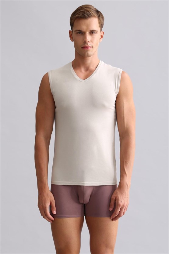 Mısırlı Modal by TENCEL HERCULES Slim Fit V Yaka Sporcu Atlet / T-Shirt Toprak Bej
