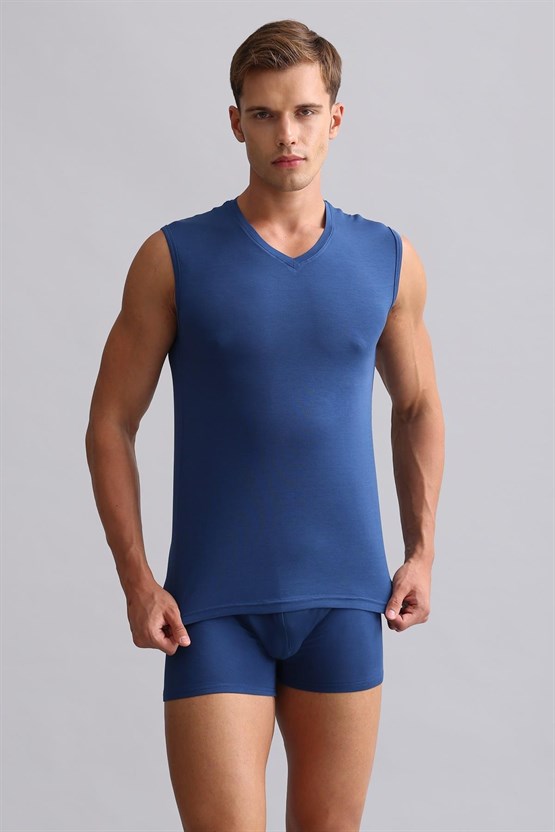 Mısırlı Modal by TENCEL HERCULES Slim Fit V Yaka Sporcu Atlet / T-Shirt Gece Mavisi