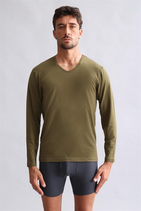 Mısırlı Modal by TENCEL HERCULES Slim Fit V Yaka Uzun Kollu Fanila / T-Shirt Koyu Haki