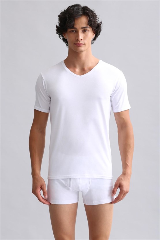 Mısırlı Modal by TENCEL HERCULES Slim Fit V Yaka Fanila / T-Shirt Beyaz