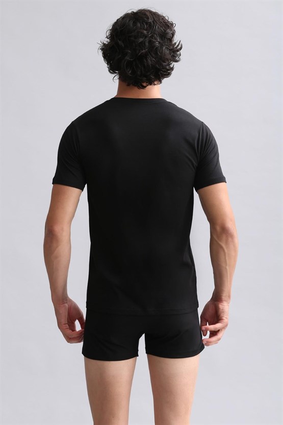 Mısırlı Modal by TENCEL HERCULES Slim Fit V Yaka Fanila / T-Shirt Siyah