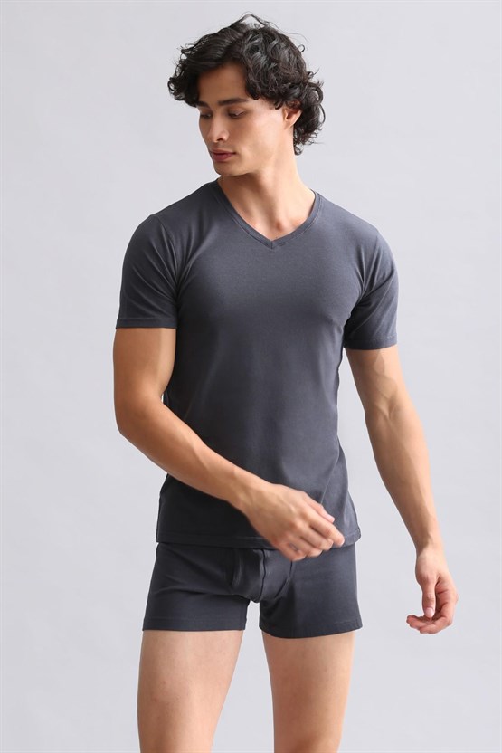 Mısırlı Modal by TENCEL HERCULES Slim Fit V Yaka Fanila / T-Shirt Antrasit